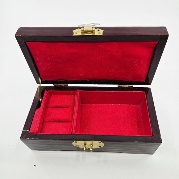 Vintage wood Asian Laquered Jewelry Box With Intricate 3D Bamboo Art Design & Gl - Picture 7 of 9